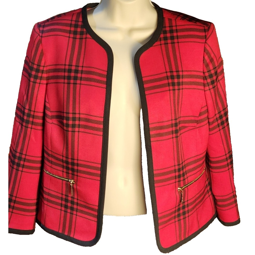 Vtg Kasper Plaid Blazer Women 8 Red Black Tartan Dark Academia Preppy Wool Blend